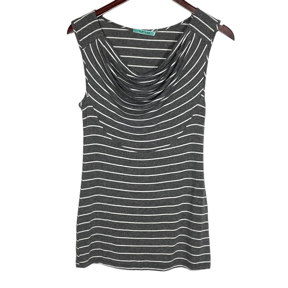 Pleione Gray and White Sleeveless Striped Cowl Neck Top